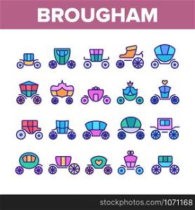Brougham Collection Elements Icons Set Vector Thin Line. Classical Antique Coach And Elegance Carriage, Luxury Brougham Princess Transport Concept Linear Pictograms. Color Illustrations. Brougham Collection Elements Icons Set Vector