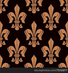 Brown and beige royal french lilies seamless pattern with fleur-de-lis floral elements. Usage for wallpaper or background design. Brown and beige french lilies seamless pattern