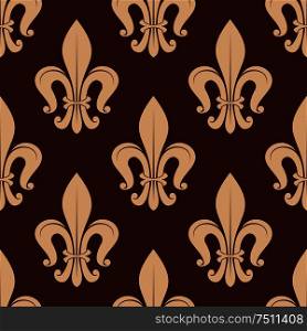 Brown and beige royal seamless pattern with french beige lilies on dark background. Brown and beige royal seamless pattern