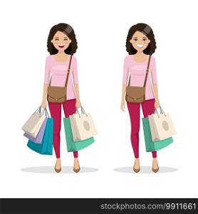 Brown and curly hair woman with shopping bags in two different positions. Isolated people vector illustration
