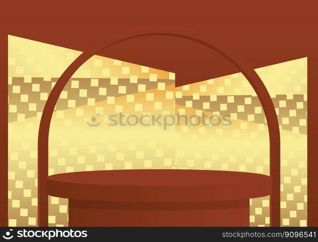 Brown and Gold cylinder pedestal podium. Abstract Mockup product display. Minimal geometric stage showcase for presentation. Realistic vector 3D forms, empty scene.