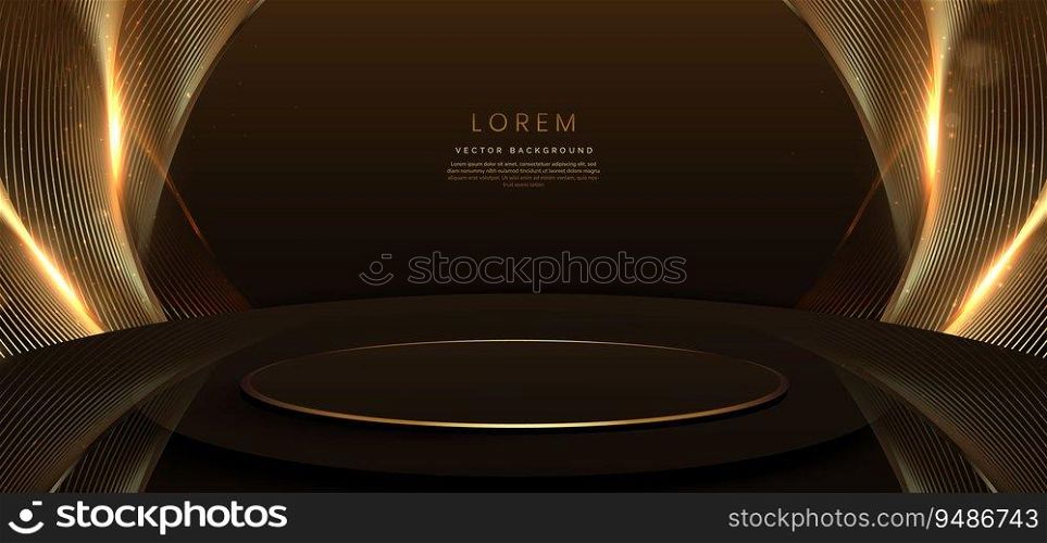 Brown and lines gold scence with circle podium and lighting effect sparkle on dark brown background. Template premium award design. Vector illustration