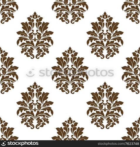 Brown and white damask style arabesque pattern with repeat floral and foliate motifs in a seamless pattern suitable for fabric and wallpaper