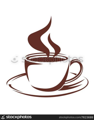 Brown and white doodle sketch of a steaming cup of full roast coffee on a saucer, isolated on white