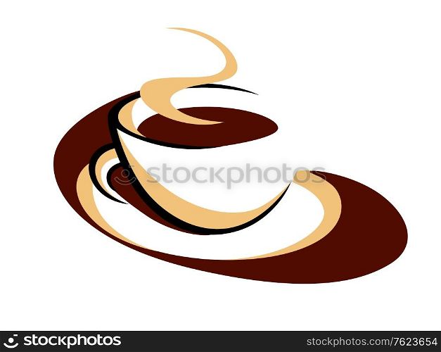 Brown and white doodle sketch of a stylized aromatic cup of hot steaming coffee for a delicious morning drink