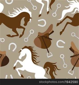 Brown and white horse, saddle and horseshoe silhouette seamless pattern. Vector illustration.