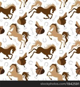Brown and white horse, saddle and horseshoe silhouette seamless pattern. Vector illustration.