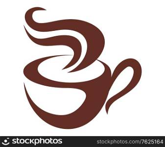Brown and white vector doodle sketch coffee icon with a steaming cup of coffee or tea, isolated on white