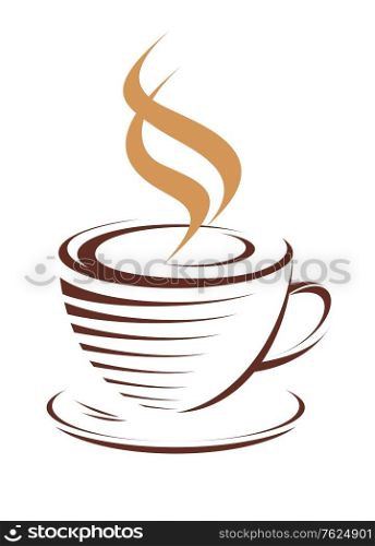 Brown and white vector doodle sketch of a cup of hot steaming coffee, isolated on white