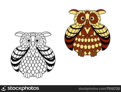 Brown and yellow cartoon owlet with striped wings in colorless and cartoon style. Isolated on white. Brown and yellow cartoon owlet