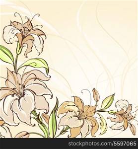 Brown background with blooming lilies. Vector illustration.