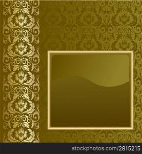 Brown background with flowers and leaves and gold frame.