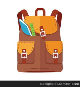 Brown Backpack Schoolbag Icon with Notebook Ruler. Brown backpack schoolbag icon in flat style. Hiking backpack. Kids backpack with notebook and ruler, education and study school, rucksack, urban backpack vector illustration on white background