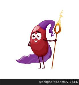 Brown bean fairy character as wizard or magician with magic wand, vector icon. Cartoon kidney bean as fairy tale magician or sorcerer warlock with magic stick cane with power spell, food personage. Brown bean fairy character as wizard or magician
