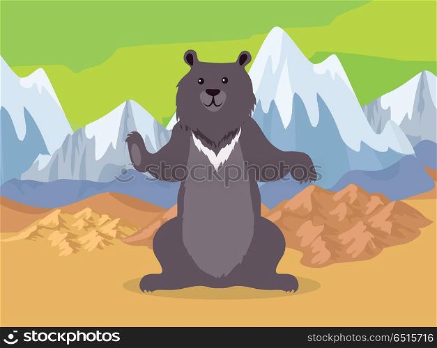 Brown Bear in Asia Mountains Icon. Vector. Bear in the mountains icon. Brown bear in Asia mountains on map. Mountain ranges Altai, Ghats, Himalayas, Kunlun, Tian Shan, Ural and Zagros Mountains symbol. Mountain chain icon. Vector illustration