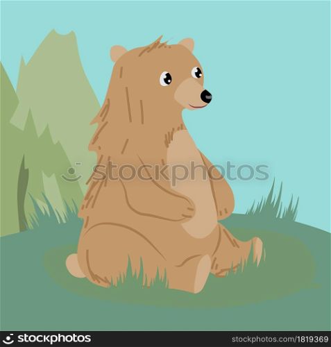 Brown bear sitting in a clearing in the forest, vector illustration in cartoon style