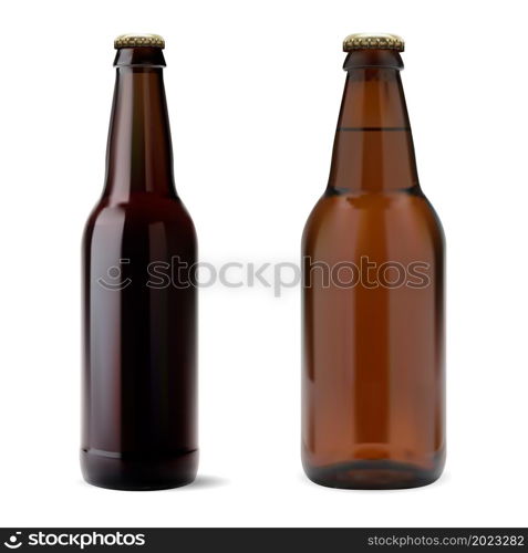 Brown beer bottle mockup. Alcohol beverage glass bottle collection. Realistic pub drink product container, tin illustration template. Dark bottle blank design with neck and cap, lager. Brown beer bottle mockup. Alcohol glass bottle