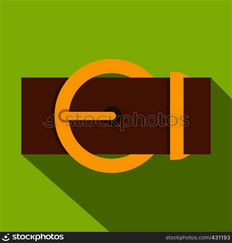 Brown belt with a gold round buckle icon. Flat illustration of brown belt with a gold round buckle vector icon for web on lime background. Brown belt with a gold round buckle icon