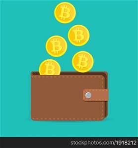 brown bitcoin wallet with Golden coin with bitcoin sign. illustration in flat style. brown bitcoin wallet with coins