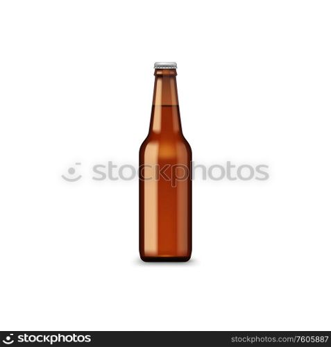 Brown bottle of beer isolated light spirit alcohol drink. Vector cider or ale in unlabeled glassware. Beer bottle with cap isolated vector alcohol drink