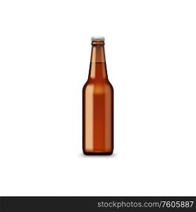 Brown bottle of beer isolated light spirit alcohol drink. Vector cider or ale in unlabeled glassware. Beer bottle with cap isolated vector alcohol drink