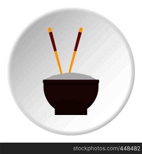Brown bowl of rice with pair of chopsticks icon in flat circle isolated vector illustration for web. Brown bowl of rice with pair of chopsticks icon
