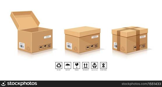 Brown Box Packaging, open and close with symbol collections isolated on white background, vector illustration