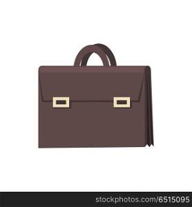 Brown Briefcase Icon. Brown briefcase icon in flat. Leather briefcase with handle and clasps. Businessman accessory. Business design element. Isolated vector illustration on white background.