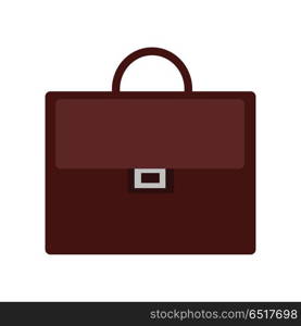 Brown Briefcase Icon. Brown briefcase icon in flat. Leather briefcase with handle and clasps. Businessman accessory. Business design element. Isolated vector illustration on white background.