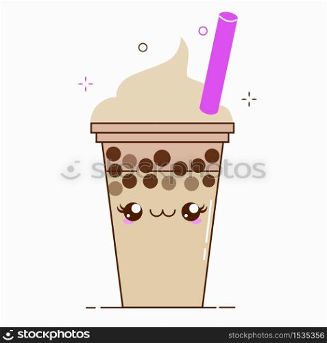 Brown bubble milk tea ads with delicious tapioca black pearls. Cute bubble tea kawaii smiled character. Taiwanese famous and popular drink Boba. Cartoon flat vector icon isolated on white background.. Brown bubble milk tea ads with delicious tapioca black pearls. Cute bubble tea kawaii smiled character. Taiwanese famous and popular drink Boba. Cartoon flat vector icon.