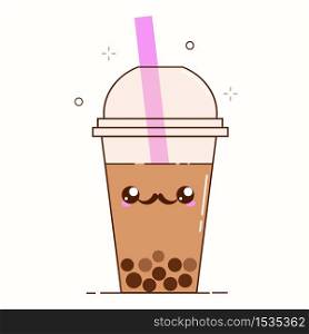 Brown bubble milk tea ads with delicious tapioca black pearls. Cute bubble tea kawaii smiled character. Taiwanese famous and popular drink Boba. Cartoon flat vector icon isolated on white background.. Brown bubble milk tea ads with delicious tapioca black pearls. Cute bubble tea kawaii smiled character. Taiwanese famous and popular drink Boba. Cartoon flat vector icon.