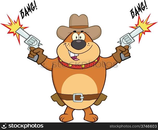 Brown Bulldog Cowboy Cartoon Character Shooting With Two Guns