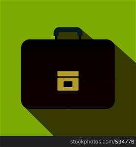 Brown business briefcase icon in flat style on a green background. Brown business briefcase icon, flat style