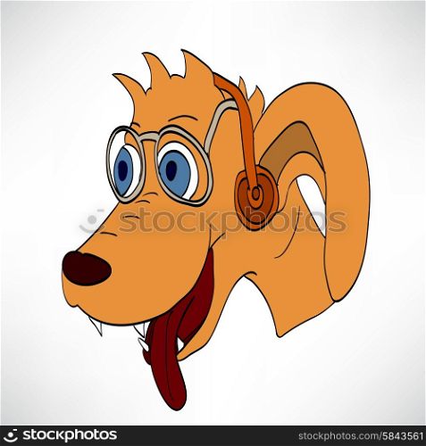 Brown cartoon funny dog in big headphones