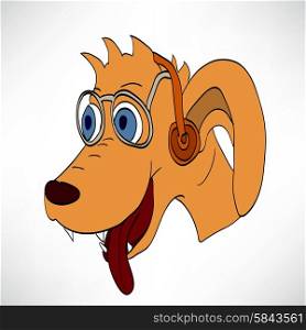 Brown cartoon funny dog in big headphones