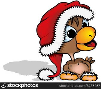 Brown Chicken with Blue Eyes with a Santa Claus Cap on his Head - Colored Cartoon Illustration Isolated on White Background, Vector