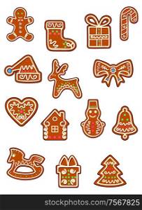 Brown Christmas gingerbreads and cookies with man, deer, hat, heart, home, bell, horse, pine tree, gift and snowman