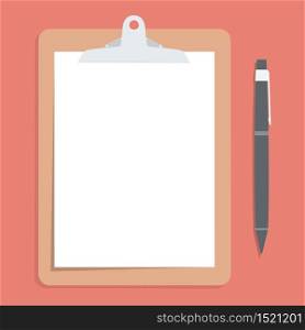 Brown clipboard with blank white paper. with pen put alongside. Vector illustration.