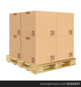 Brown closed carton delivery packaging box with fragile signs on wooden pallet isolated on white background vector illustration.