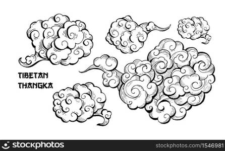 Brown clouds and wind blows hand drawn vector illustration. Smoke ink pen clipart. Chinese art abstract drawing with red calligraphic lettering. Sketch clouds, overcloud set. Isolated design elements. Chinese clouds and wind blows set, isolated illustration