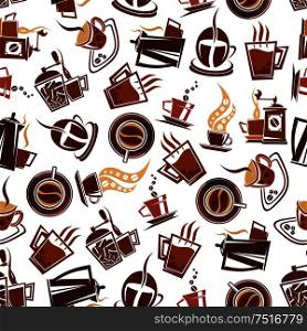 Brown coffee seamless pattern of cups of fresh brewed coffee, retro mills and pots, adorned by coffee beans. Use in coffee shop or cafe menu design or for background design. Brown coffee retro seamless pattern