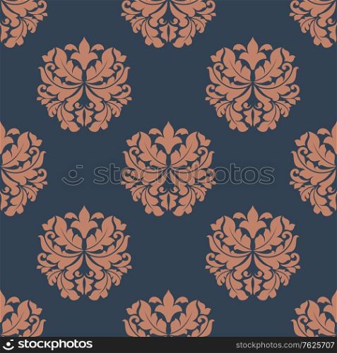 Brown colored decorative foliate and floral arabesque seamless pattern in damask style motifs suitable for wallpaper, tiles and fabric design isolated on indigo colored background in square format