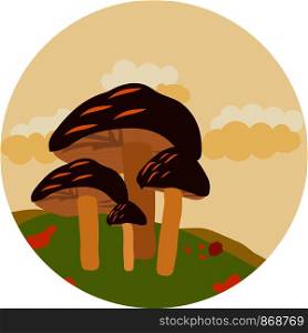 Brown cup mushroom on landscape background. Flat Cartoon style. Vector illustration.. Brown cup mushroom on landscape background
