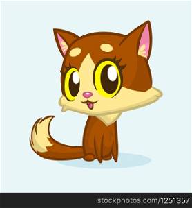 Brown cute kitty with green eyes and fluffy tail sitting. Vector cartoon cat illustration or icon