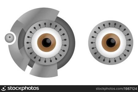 Brown cyborg eyes in steel rim. Vector illustration. Cyborg eyes