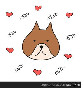 Brown dog with hearts in style of doodles on white background. Vector image for use in web design or clipart. Brown dog with hearts in style of doodles on white background