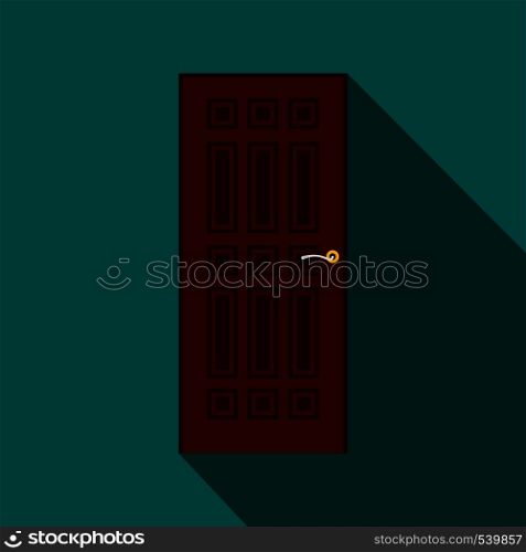 Brown door icon in flat style on a blue background. Brown door icon, flat style