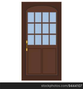 Brown door with glass windows and door knob isolated on white background. Vector clipart.. Brown door with glass windows and door knob isolated on white background. Clipart.