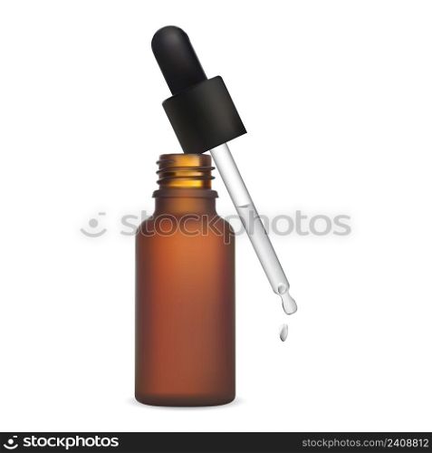 Brown dropper bottle. Amber glass pipette packaging, isolated on background. Essential oil container mockup. Cosmetic serum essence solution flask, premium treatment. Nasal droplet. Brown dropper bottle. Amber glass pipette packaging