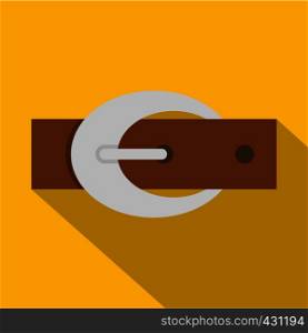 Brown elegant leather belt with silver buckle icon. Flat illustration of brown elegant leather belt with silver buckle vector icon for web on yellow background. Brown elegant leather belt with buckle icon